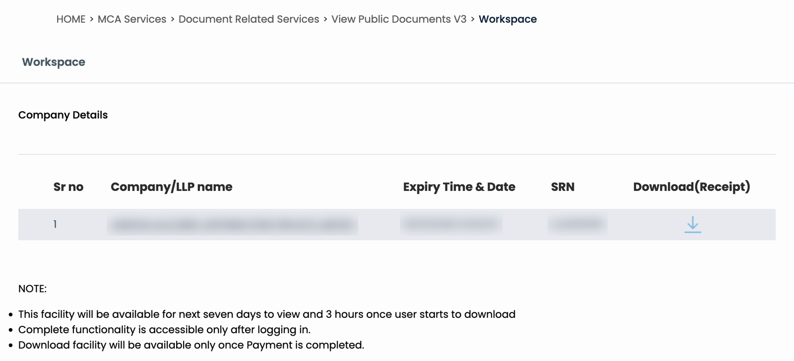 Your Workspace after paying: the company, the expiry time and the SRN. Details blurred.