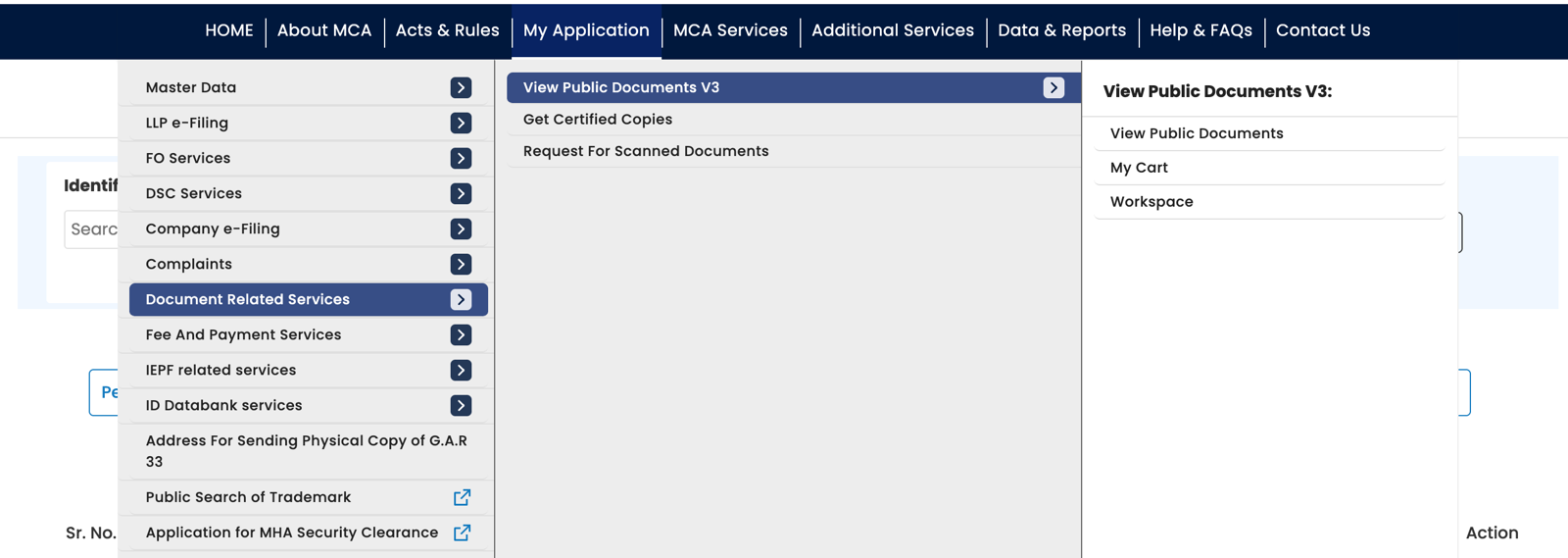MCA's menu: Document Related Services, then View Public Documents V3, then View Public Documents.